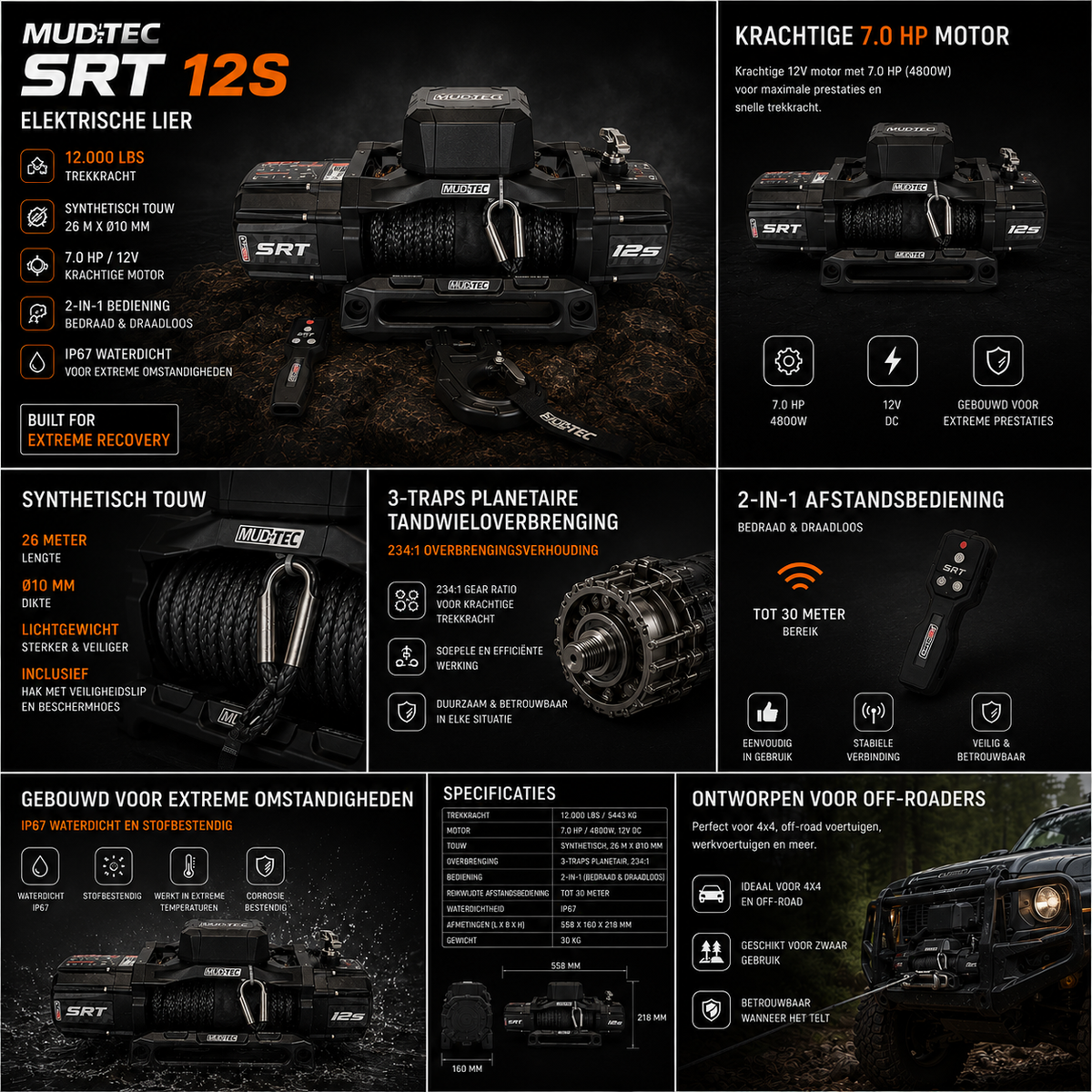MUDTEC SRT 12S Winch, 7.0HP, 5443 kg, Synthetic Rope