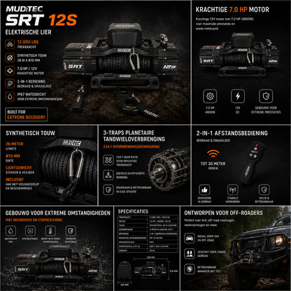 MUDTEC SRT 12S Winch, 7.0HP, 5443 kg, Synthetic Rope